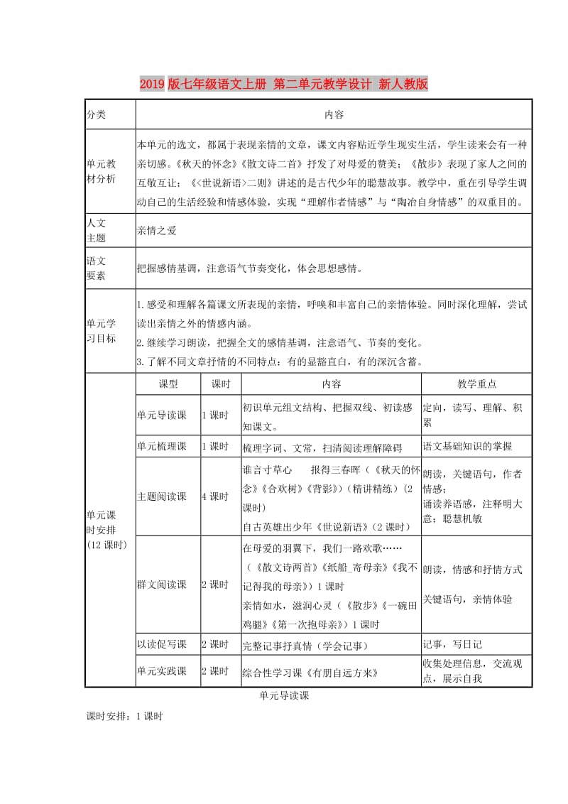 2019版七年级语文上册 第二单元教学设计 新人教版.doc_第1页