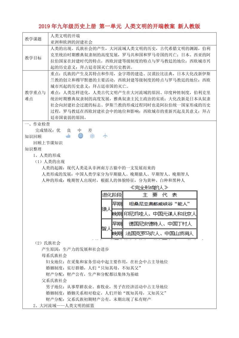 2019年九年级历史上册 第一单元 人类文明的开端教案 新人教版.doc_第1页