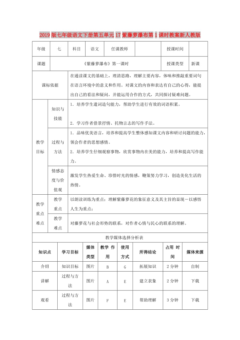 2019版七年级语文下册第五单元17紫藤萝瀑布第1课时教案新人教版.doc_第1页