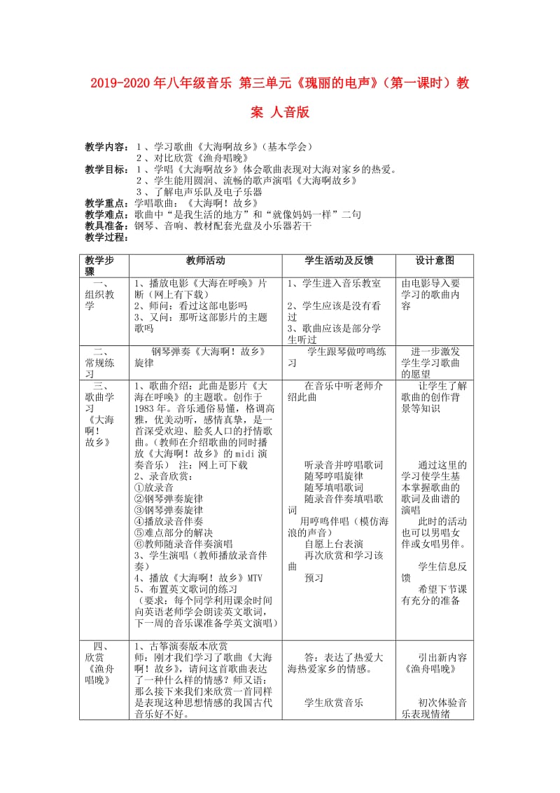 2019-2020年八年级音乐 第三单元《瑰丽的电声》（第一课时）教案 人音版.doc_第1页