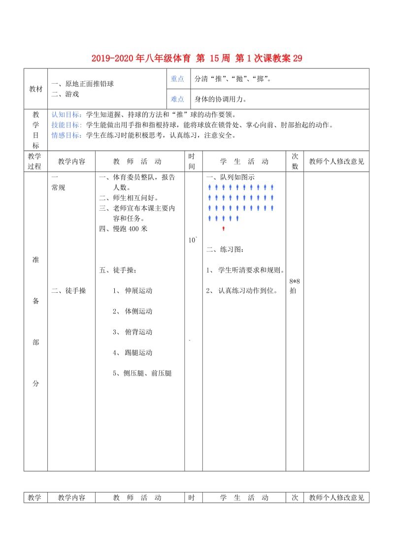 2019-2020年八年级体育 第 15周 第1次课教案29.doc_第1页