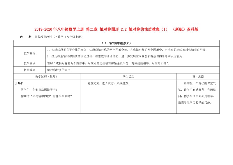 2019-2020年八年级数学上册 第二章 轴对称图形 2.2 轴对称的性质教案（1） （新版）苏科版.doc_第1页