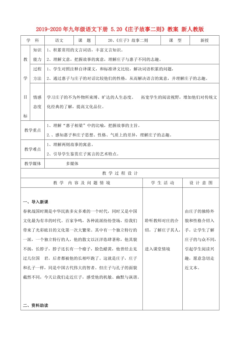 2019-2020年九年级语文下册 5.20《庄子故事二则》教案 新人教版.doc_第1页