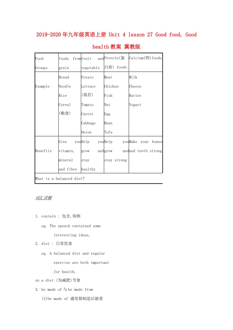 2019-2020年九年级英语上册 Unit 4 lesson 27 Good food, Good health教案 冀教版.doc_第1页