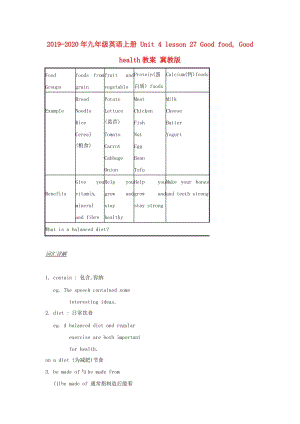 2019-2020年九年級英語上冊 Unit 4 lesson 27 Good food, Good health教案 冀教版.doc