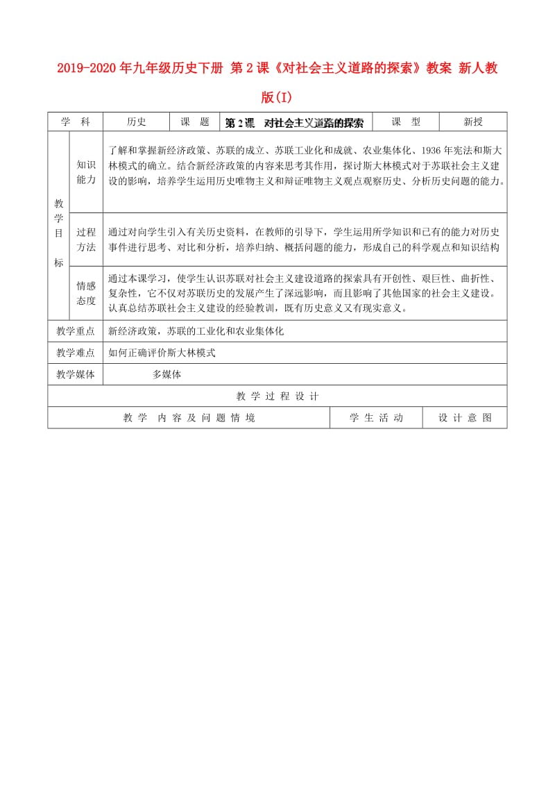 2019-2020年九年级历史下册 第2课《对社会主义道路的探索》教案 新人教版(I).doc_第1页