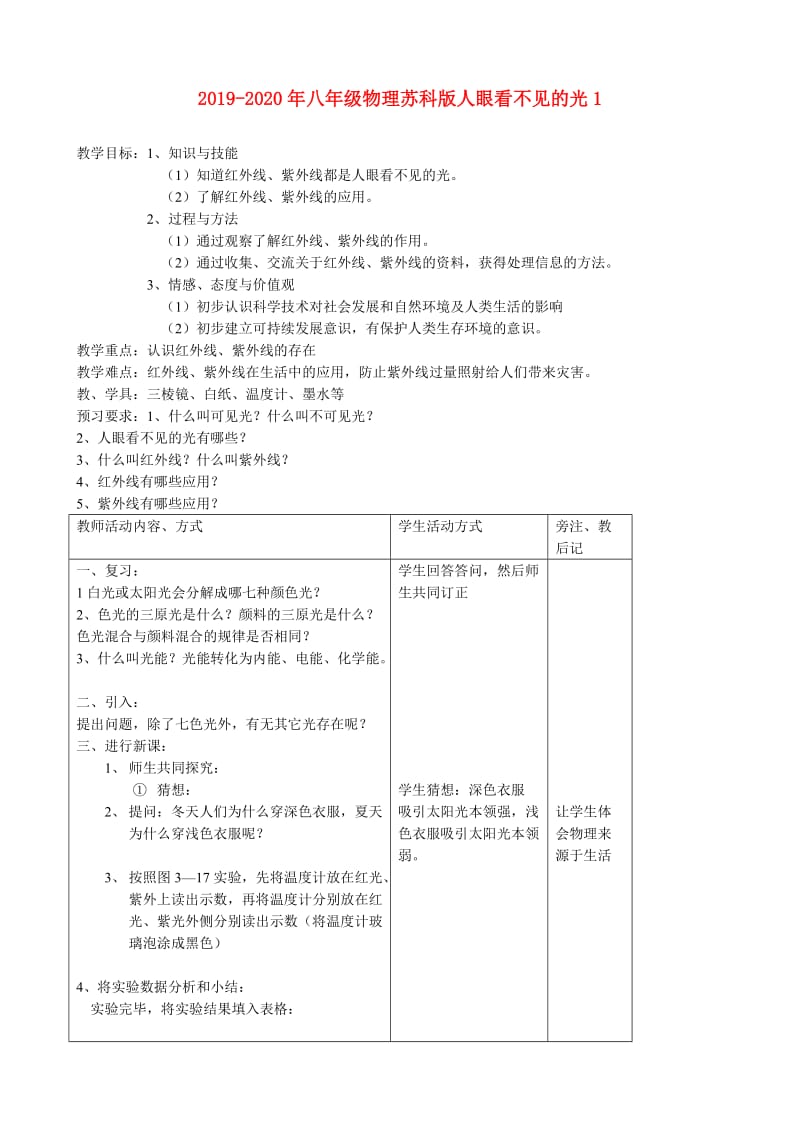 2019-2020年八年级物理苏科版人眼看不见的光1.doc_第1页