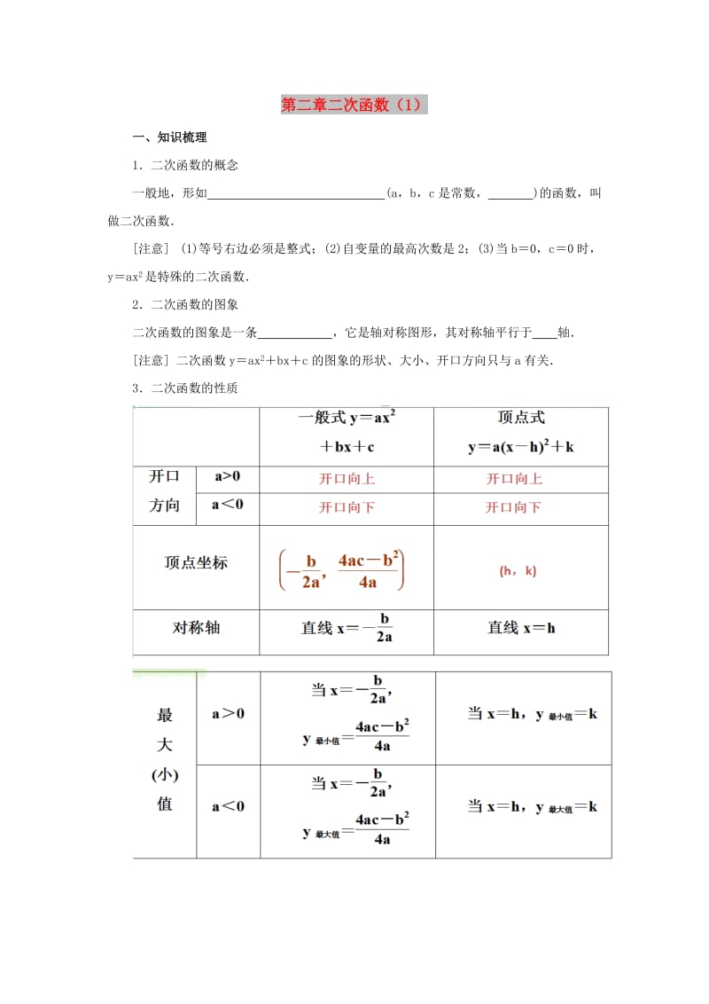 山东省济南市槐荫区九年级数学下册第2章二次函数1复习导学案新版北师大版.doc_第1页