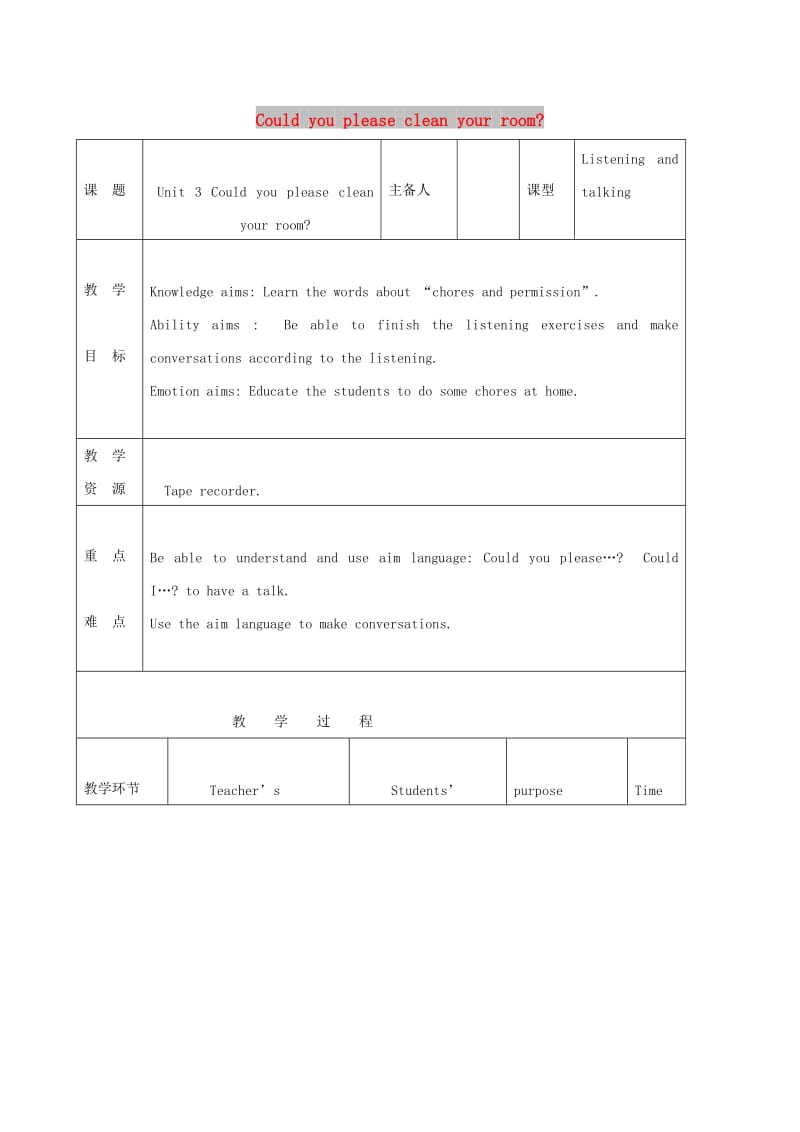 吉林省双辽市八年级英语下册Unit3Couldyoupleasecleanyourroom第1课时教案新版人教新目标版.doc_第1页