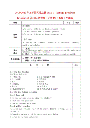 2019-2020年九年級(jí)英語(yǔ)上冊(cè) Unit 3 Teenage problems Integrated skills教學(xué)案（無(wú)答案）（新版）牛津版.doc