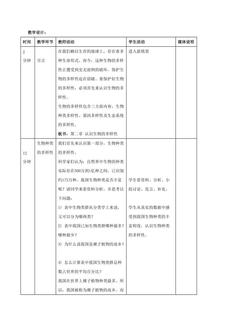 2019-2020年八年级生物上册 6.2 认识生物的多样性教案 （新版）新人教版.doc_第2页