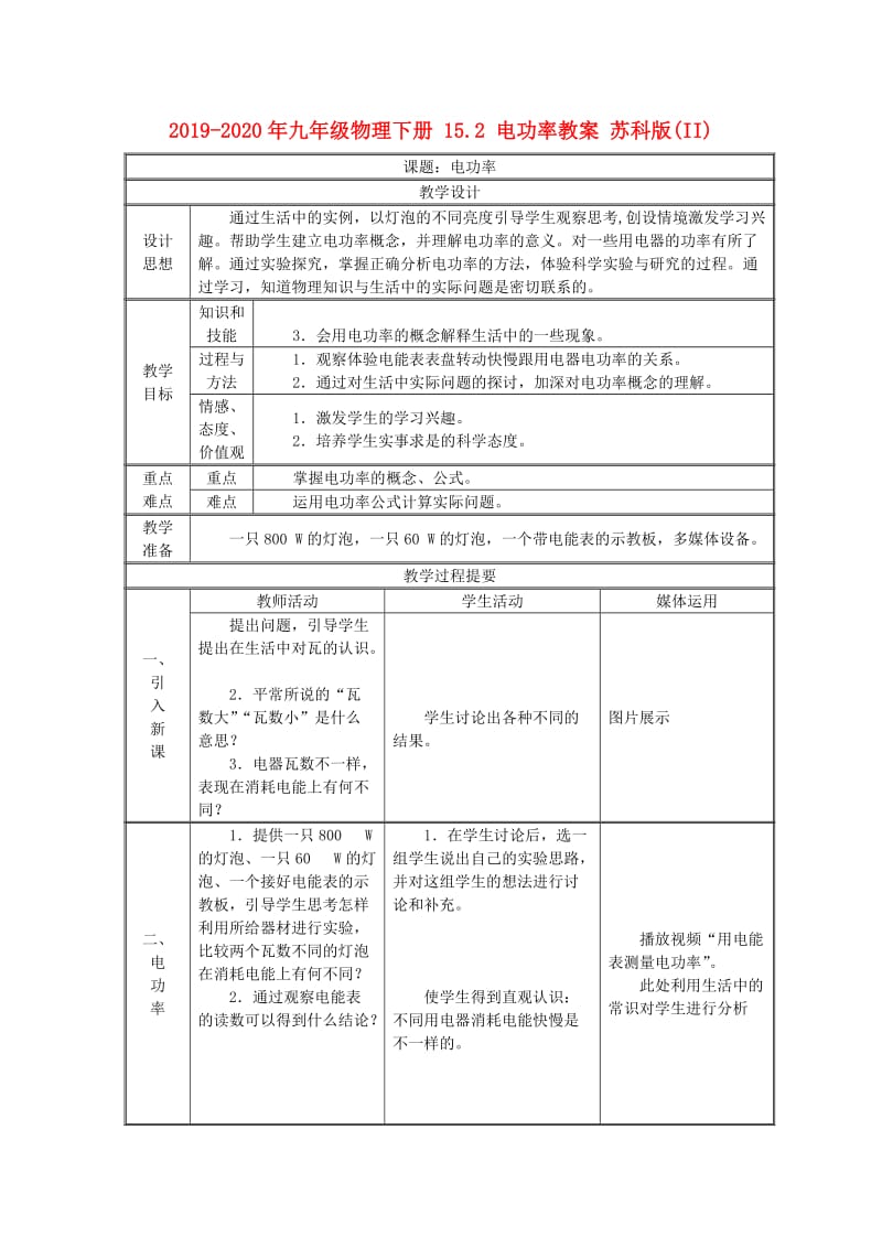 2019-2020年九年级物理下册 15.2 电功率教案 苏科版(II).doc_第1页