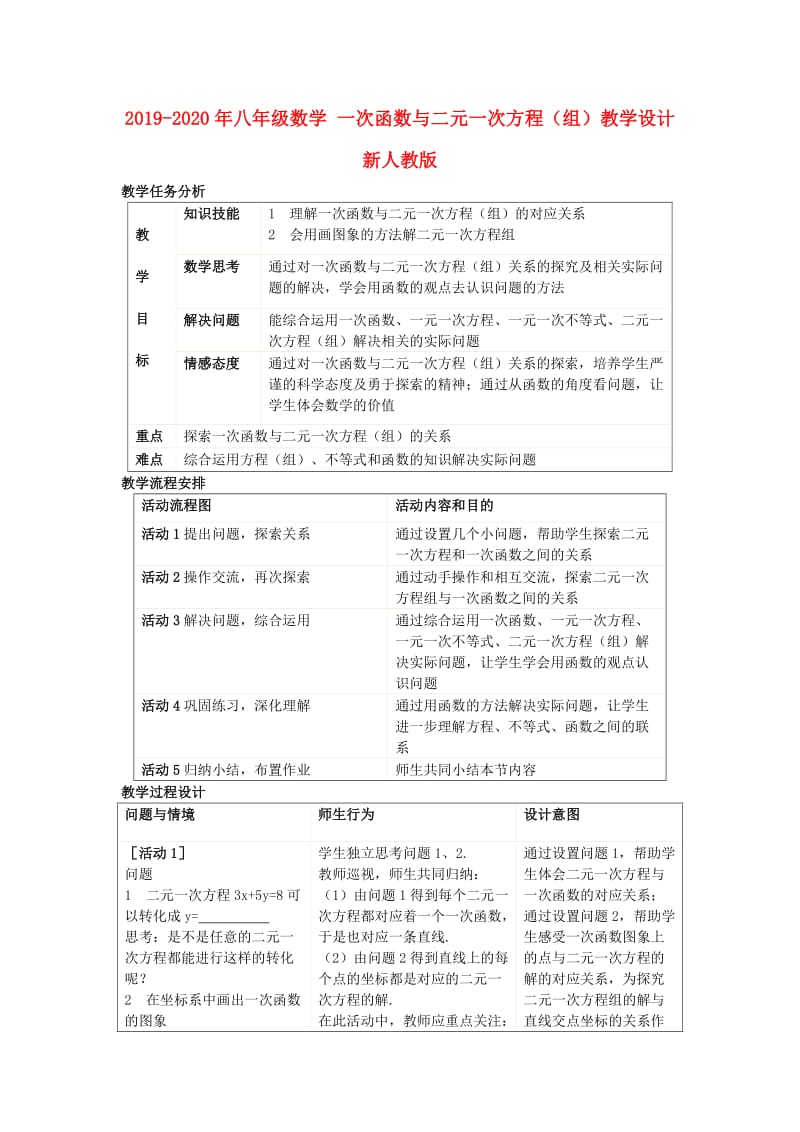 2019-2020年八年级数学 一次函数与二元一次方程（组）教学设计 新人教版.doc_第1页