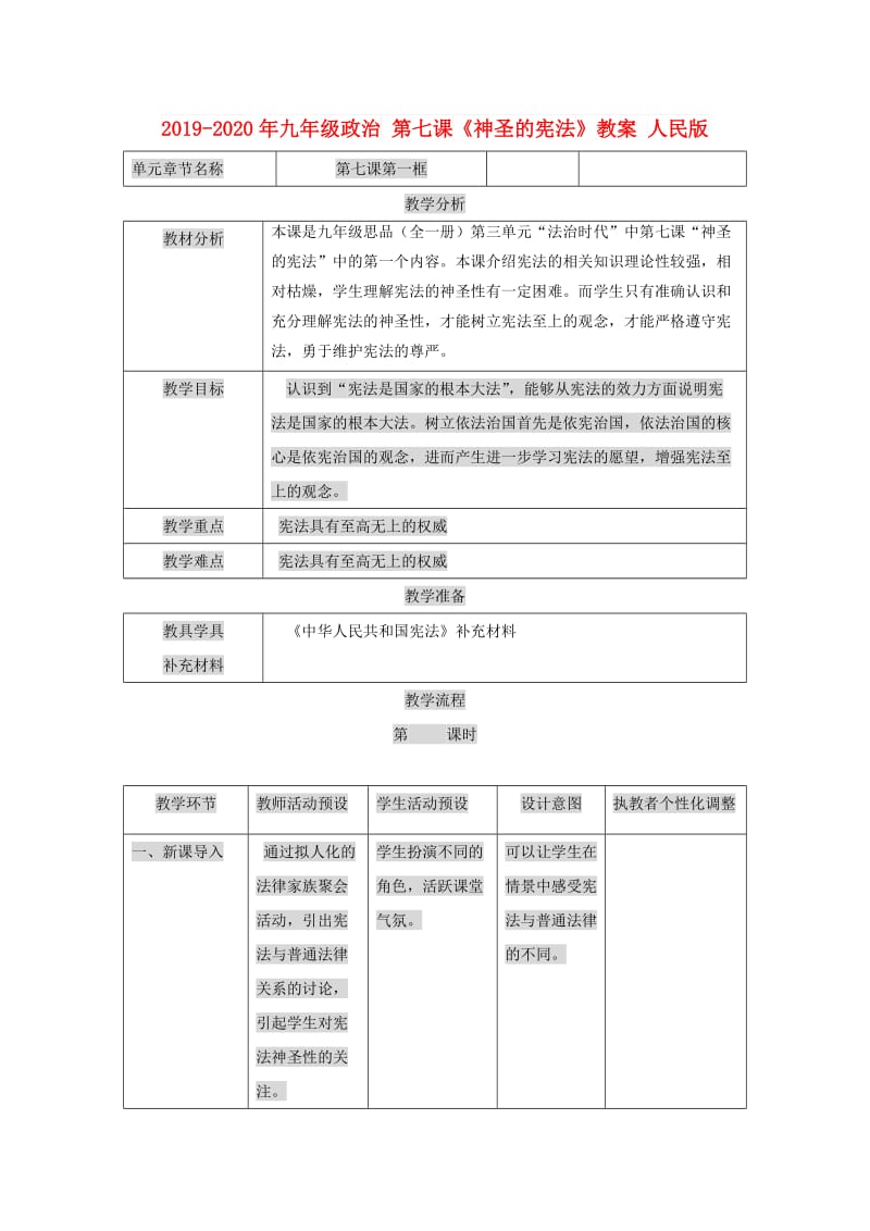 2019-2020年九年级政治 第七课《神圣的宪法》教案 人民版.doc_第1页