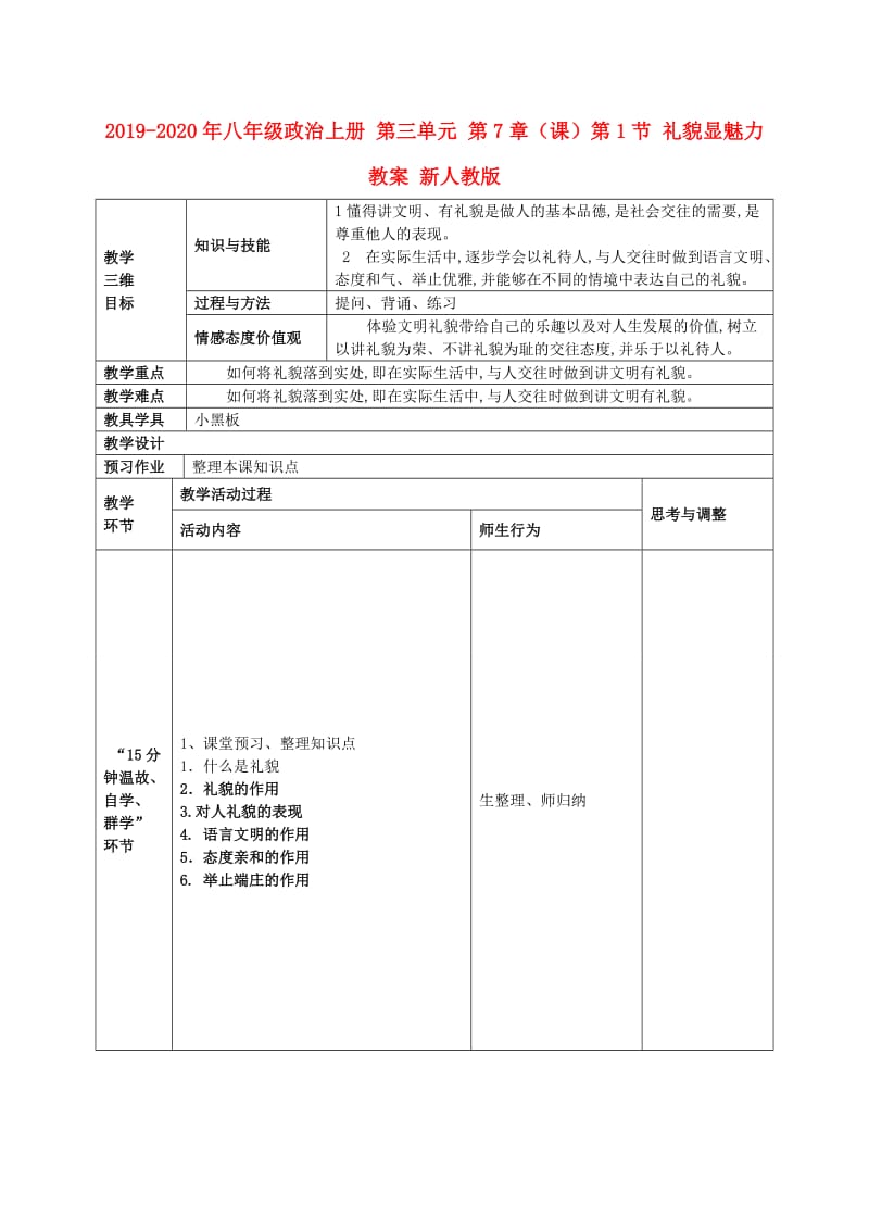 2019-2020年八年级政治上册 第三单元 第7章（课）第1节 礼貌显魅力教案 新人教版.doc_第1页