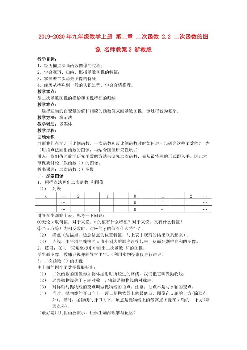 2019-2020年九年级数学上册 第二章 二次函数 2.2 二次函数的图象 名师教案2 浙教版.doc_第1页