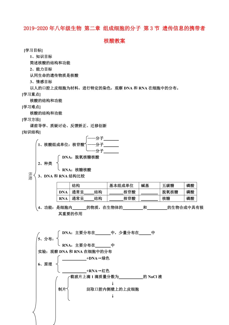 2019-2020年八年级生物 第二章 组成细胞的分子 第3节 遗传信息的携带者 核酸教案.doc_第1页