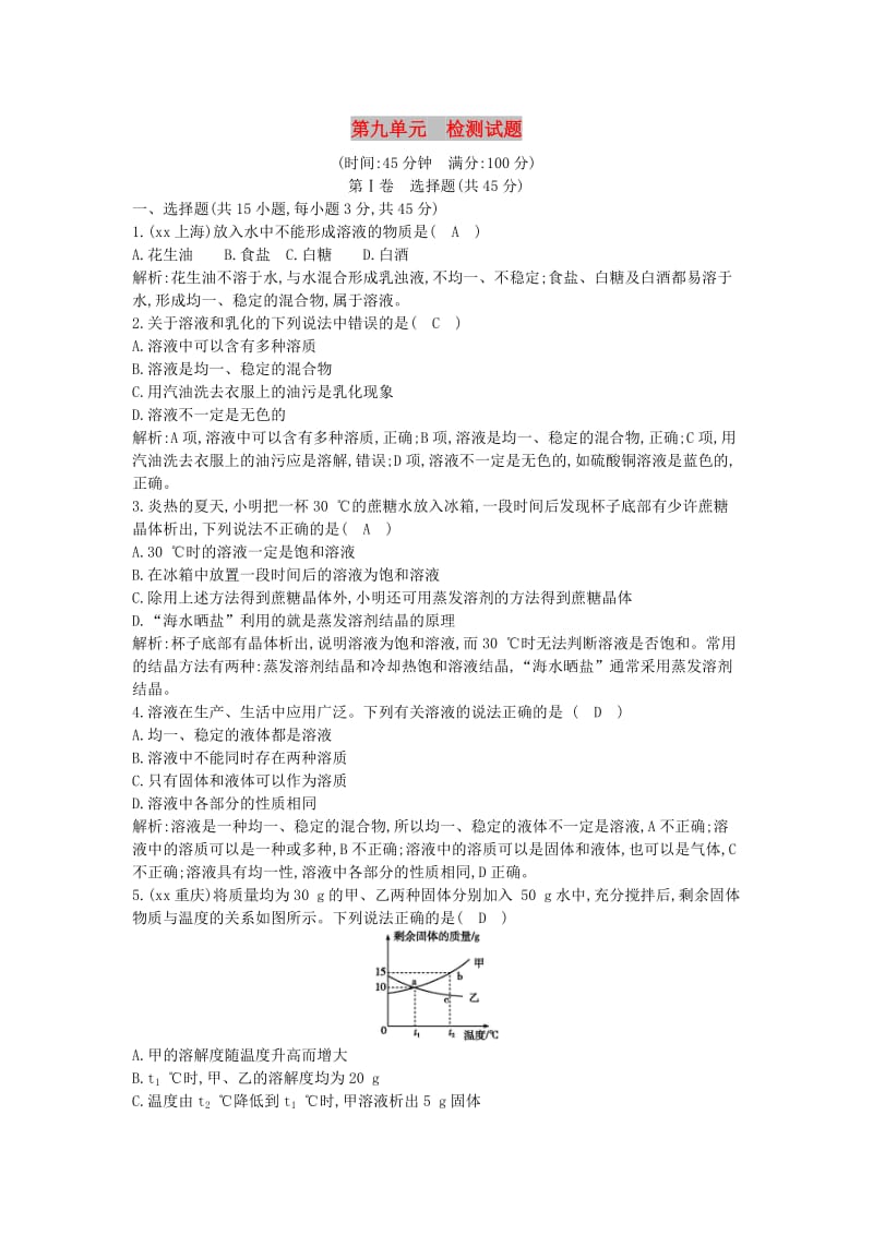 九年级化学下册第九单元溶液检测试题 新人教版.doc_第1页