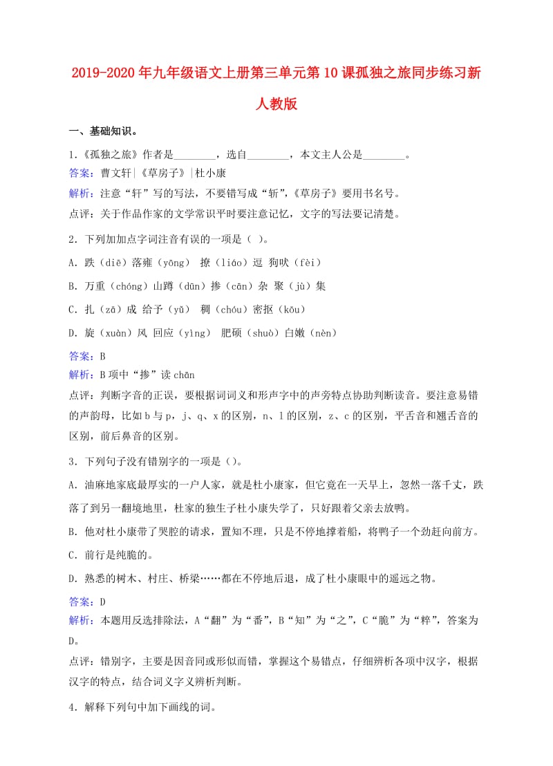 2019-2020年九年级语文上册第三单元第10课孤独之旅同步练习新人教版.doc_第1页