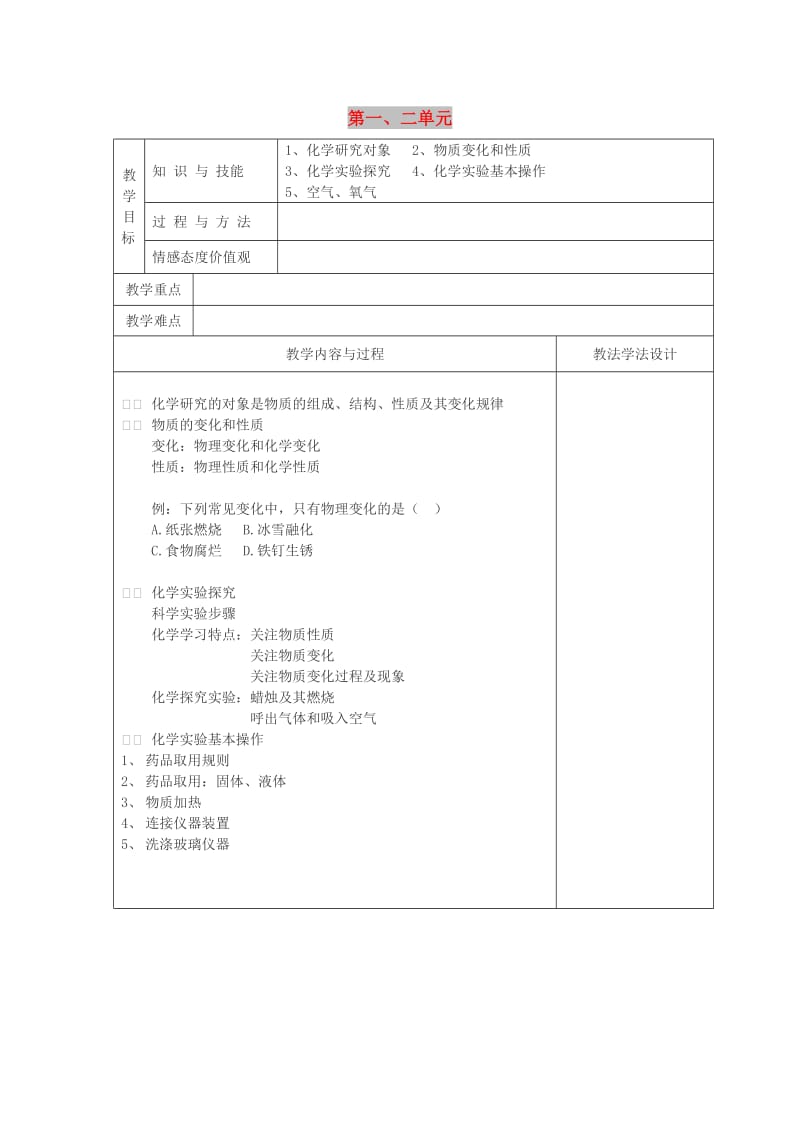 吉林省长春市双阳区九年级化学上册 第1-2单元 复习课教学案（新版）新人教版.doc_第1页