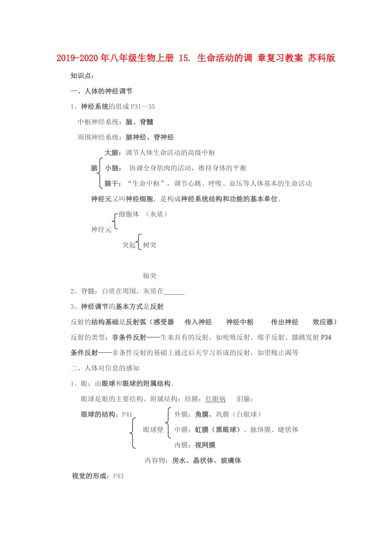 2019-2020年八年级生物上册 15. 生命活动的调 章复习教案 苏科版.doc_第1页