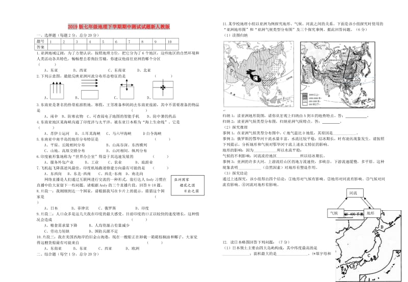 2019版七年级地理下学期期中测试试题新人教版.doc_第1页