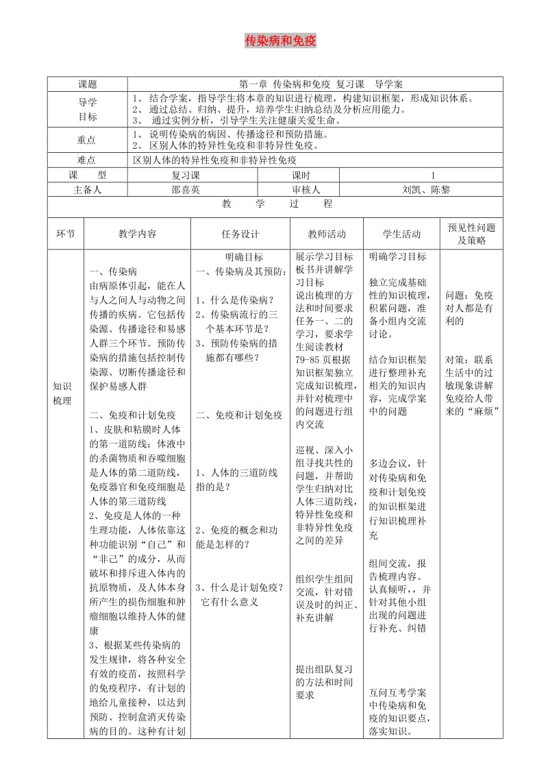 吉林省通化市八年级生物下册 8.1传染病和免疫复习导学案 （新版）新人教版.doc_第1页