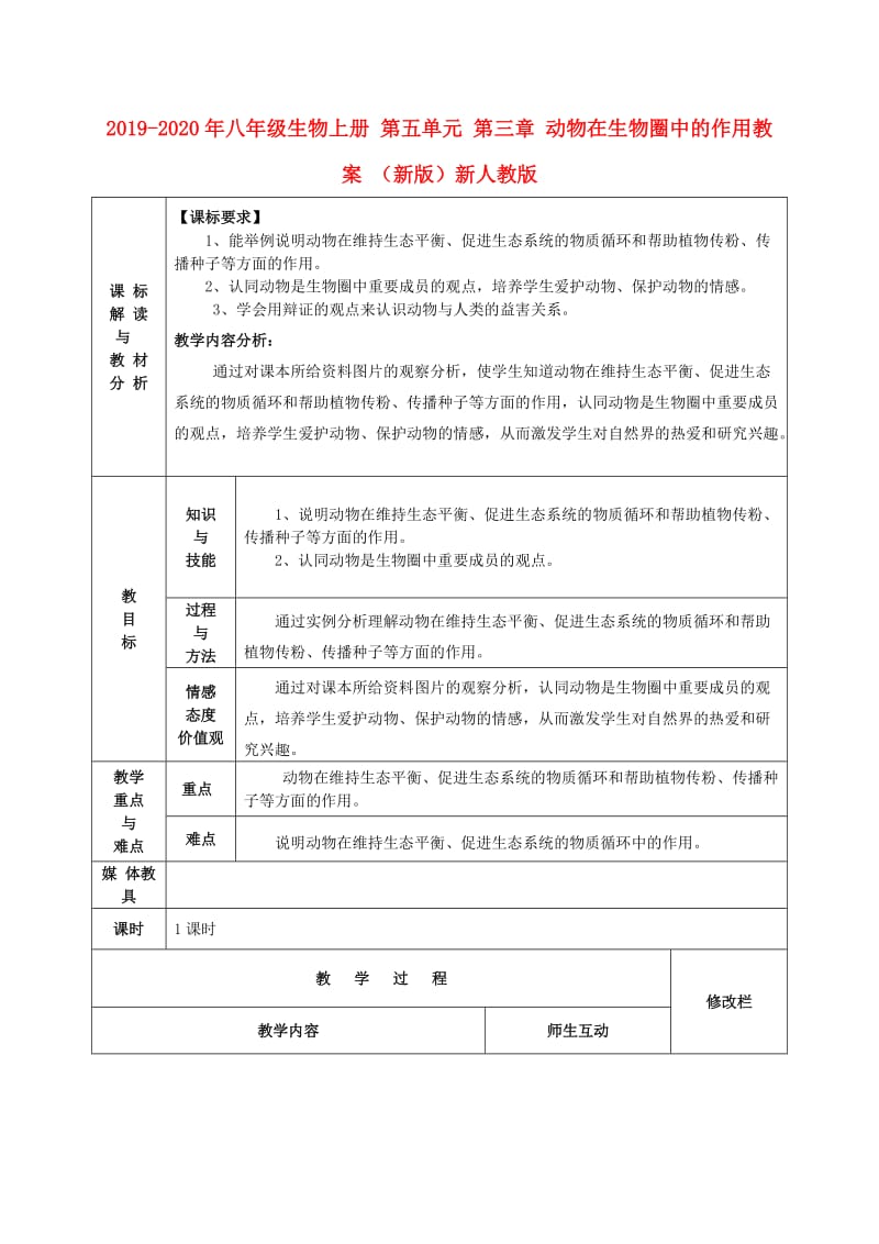 2019-2020年八年级生物上册 第五单元 第三章 动物在生物圈中的作用教案 （新版）新人教版.doc_第1页