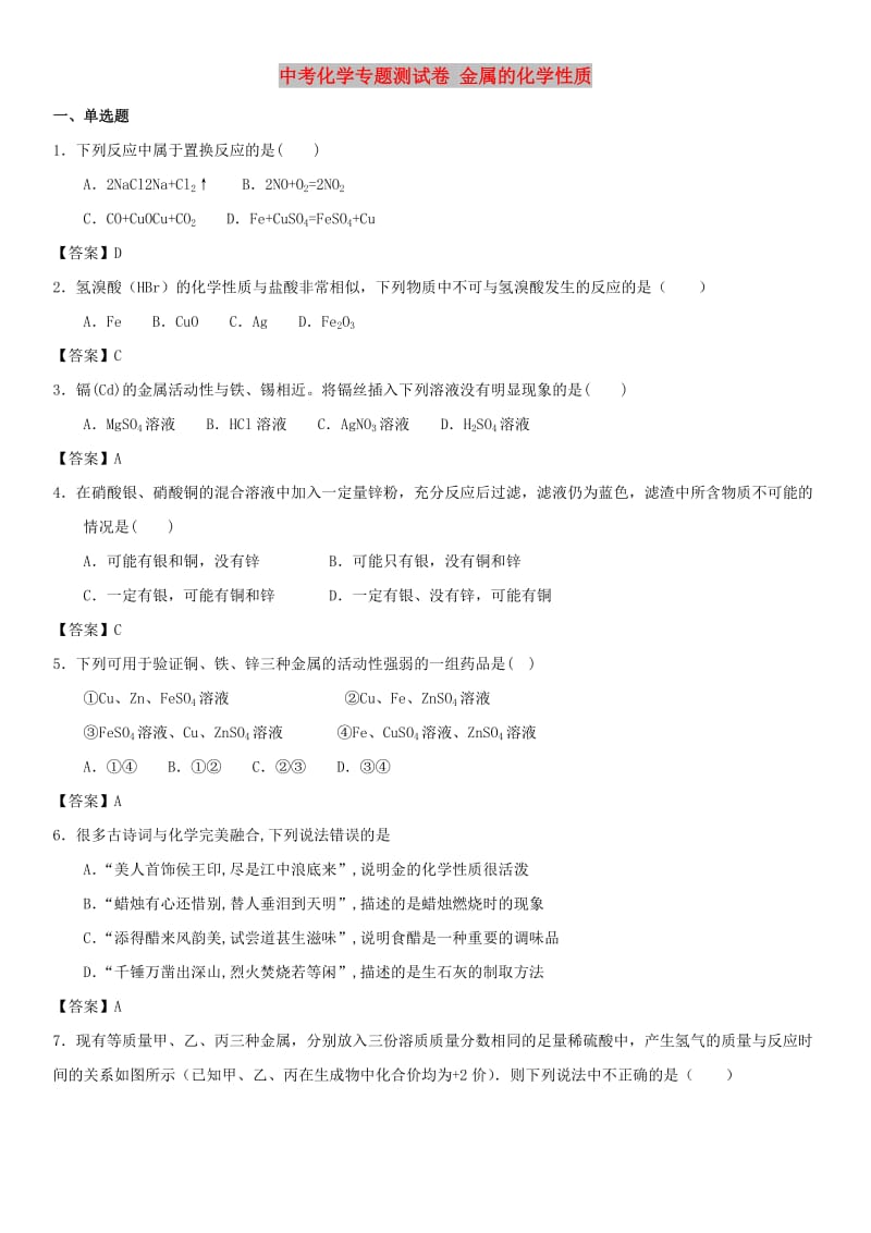 中考化学专题测试卷 金属的化学性质.doc_第1页