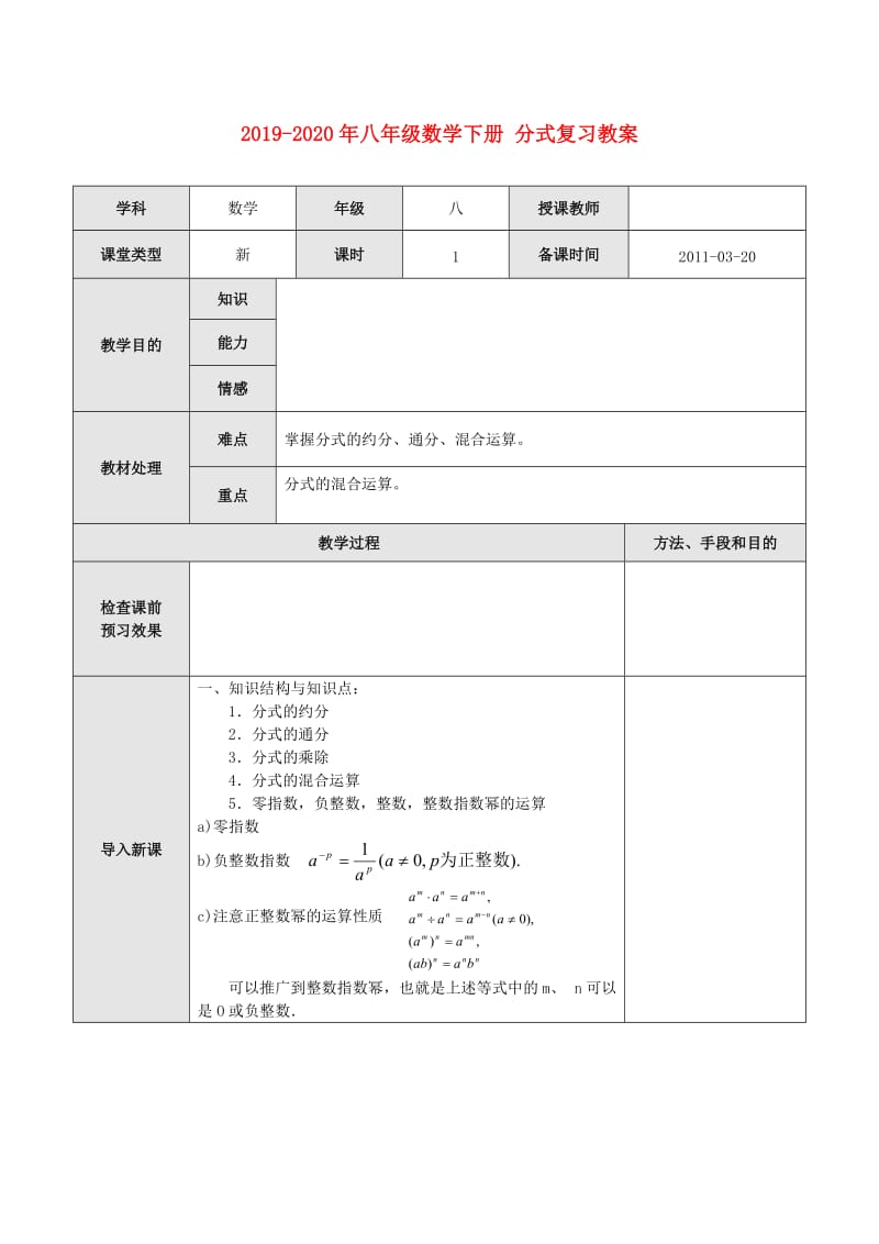 2019-2020年八年级数学下册 分式复习教案.doc_第1页