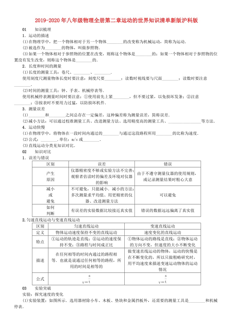 2019-2020年八年级物理全册第二章运动的世界知识清单新版沪科版.doc_第1页