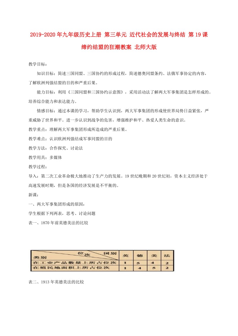 2019-2020年九年级历史上册 第三单元 近代社会的发展与终结 第19课 缔约结盟的狂潮教案 北师大版.doc_第1页