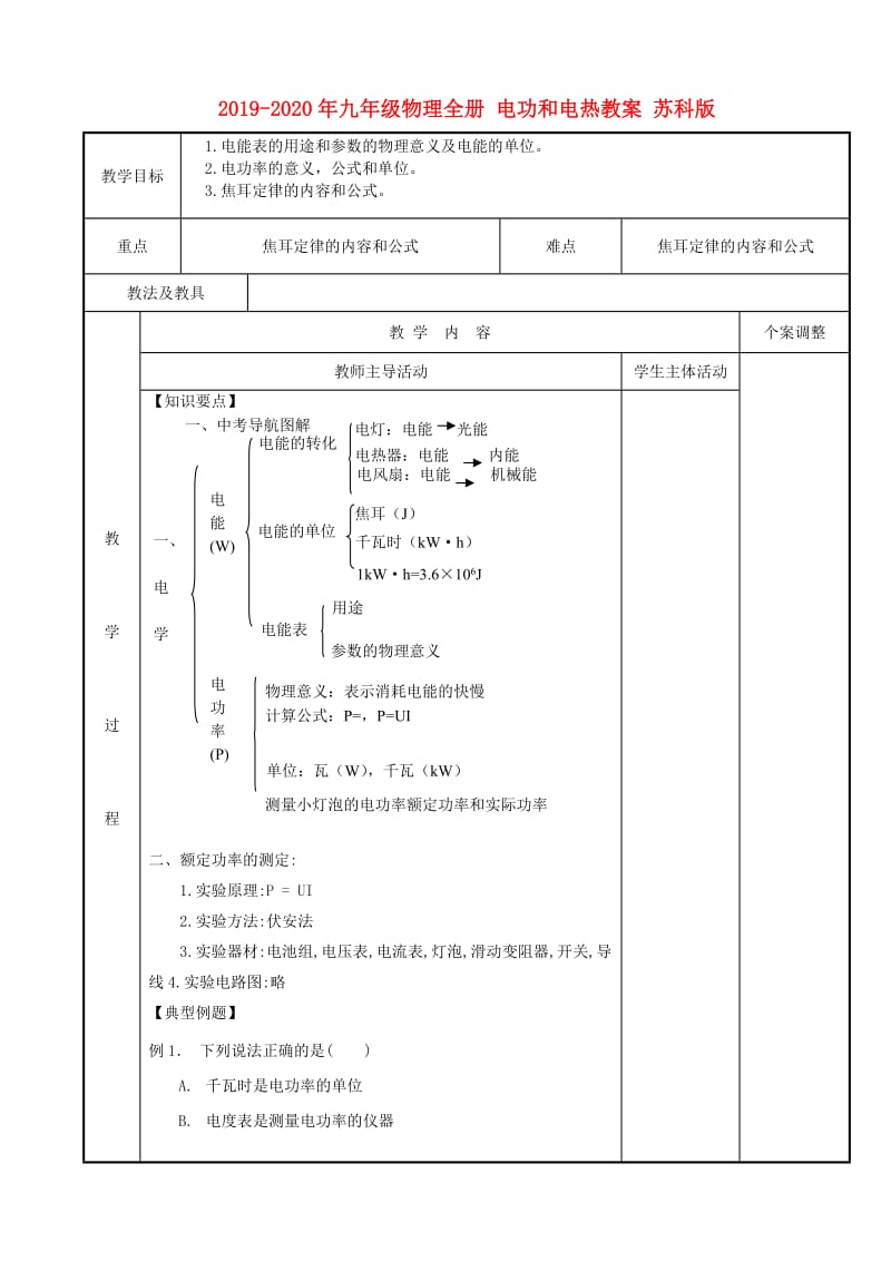 2019-2020年九年级物理全册 电功和电热教案 苏科版.doc_第1页