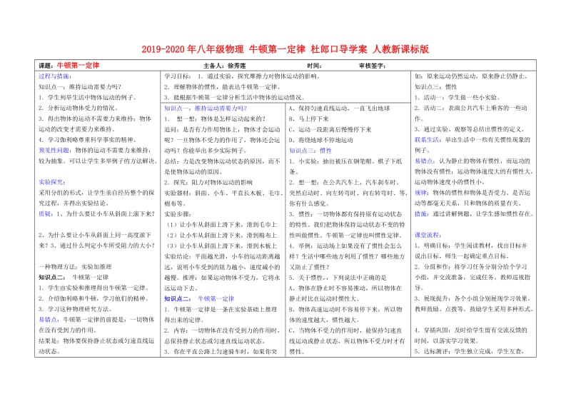 2019-2020年八年级物理 牛顿第一定律 杜郎口导学案 人教新课标版.doc_第1页