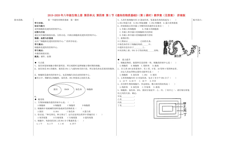 2019-2020年八年级生物上册 第四单元 第四章 第1节《遗传的物质基础》（第1课时）教学案（无答案） 济南版.doc_第1页
