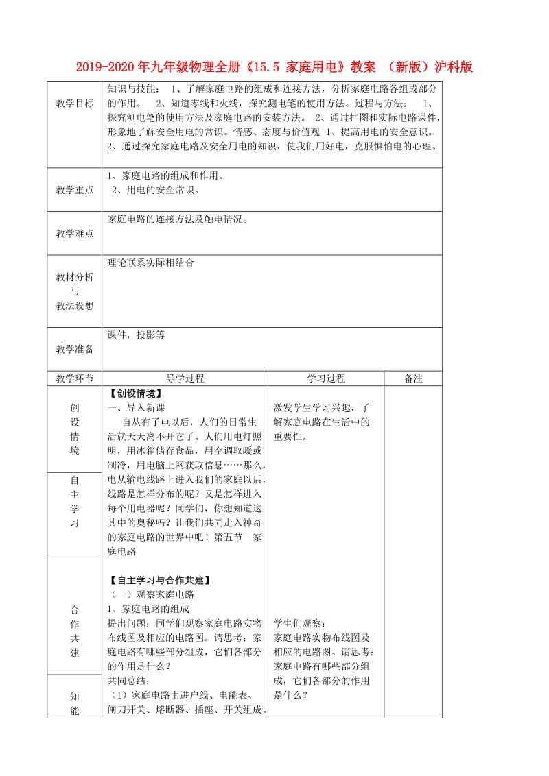 2019-2020年九年级物理全册《15.5 家庭用电》教案 （新版）沪科版.doc_第1页