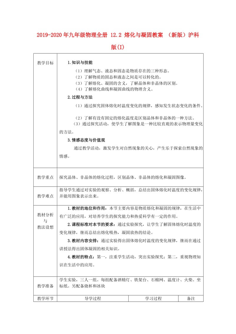 2019-2020年九年级物理全册 12.2 熔化与凝固教案 （新版）沪科版(I).doc_第1页