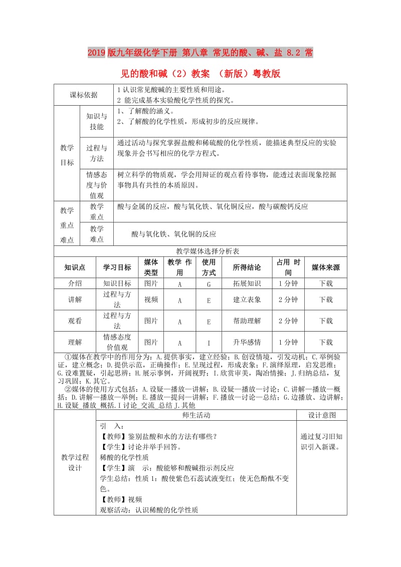 2019版九年级化学下册 第八章 常见的酸、碱、盐 8.2 常见的酸和碱（2）教案 （新版）粤教版.doc_第1页