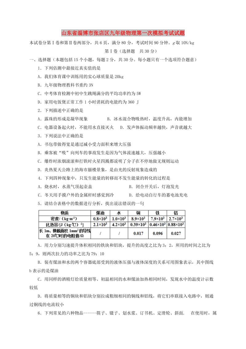 山东省淄博市张店区九年级物理第一次模拟考试试题.doc_第1页