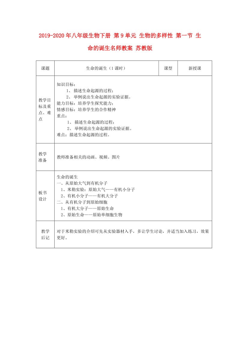 2019-2020年八年级生物下册 第9单元 生物的多样性 第一节 生命的诞生名师教案 苏教版.doc_第1页