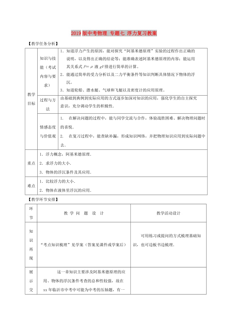 2019版中考物理 专题七 浮力复习教案.doc_第1页