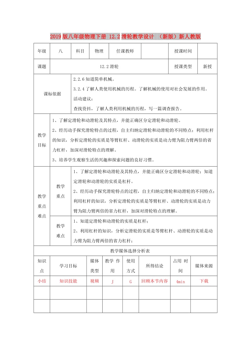 2019版八年级物理下册 12.2滑轮教学设计 （新版）新人教版.doc_第1页