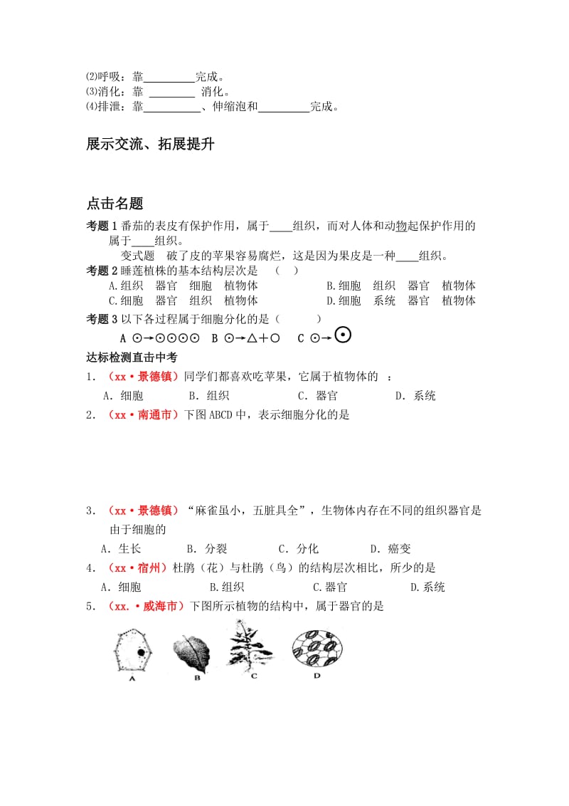 2019-2020年九年级生物 第二单元第三章细胞怎样构成生物体复习学案 人教新课标版.doc_第2页