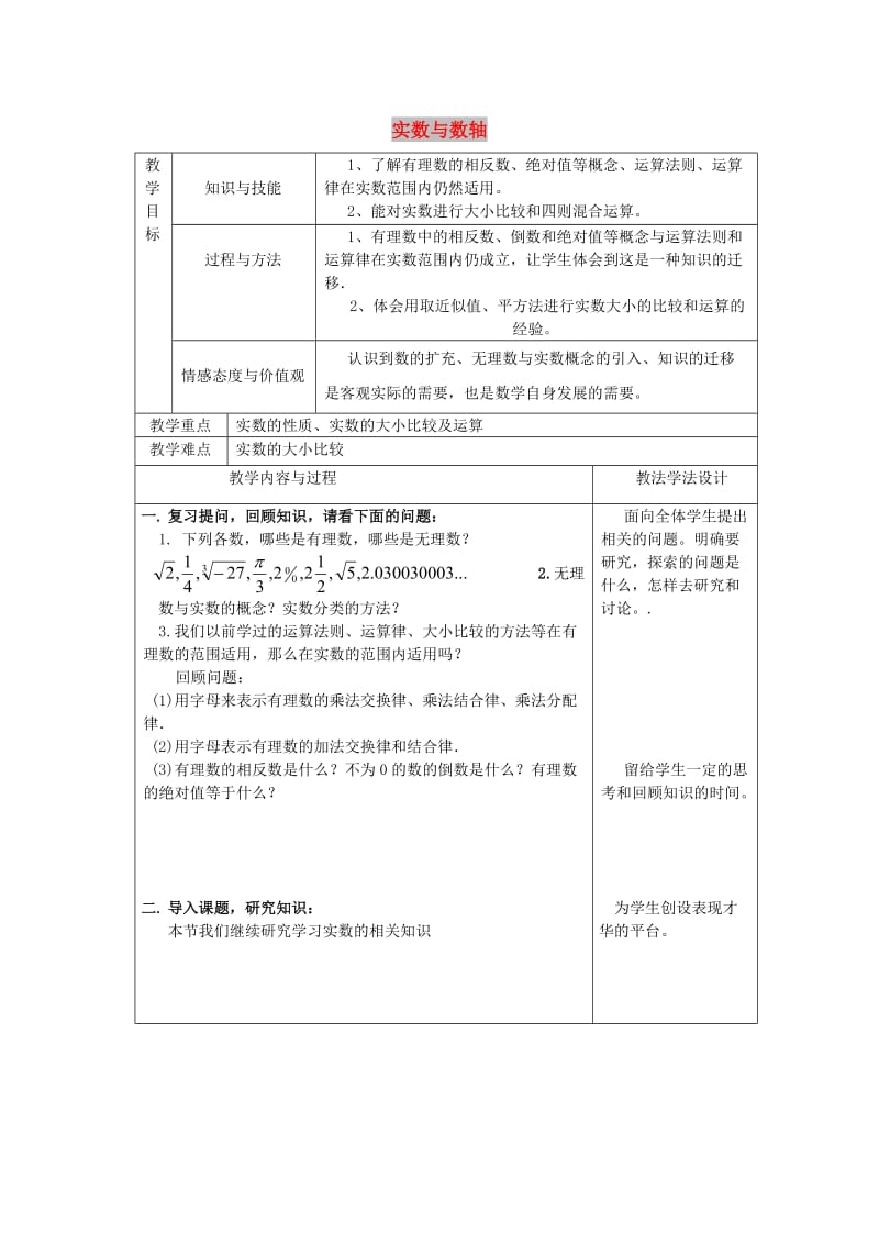 吉林省长春市双阳区八年级数学上册 第11章 数的开方 11.2 实数 11.2.2 实数与数轴教案 （新版）华东师大版.doc_第1页