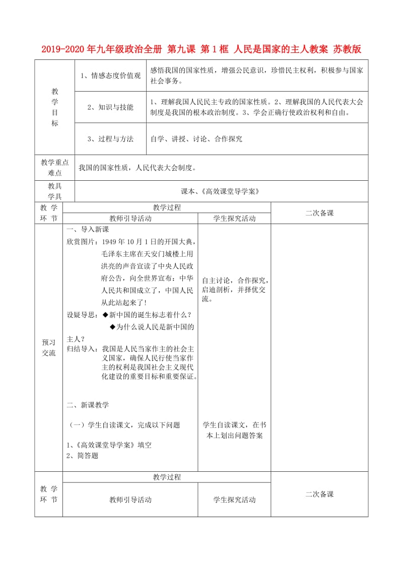 2019-2020年九年级政治全册 第九课 第1框 人民是国家的主人教案 苏教版.doc_第1页