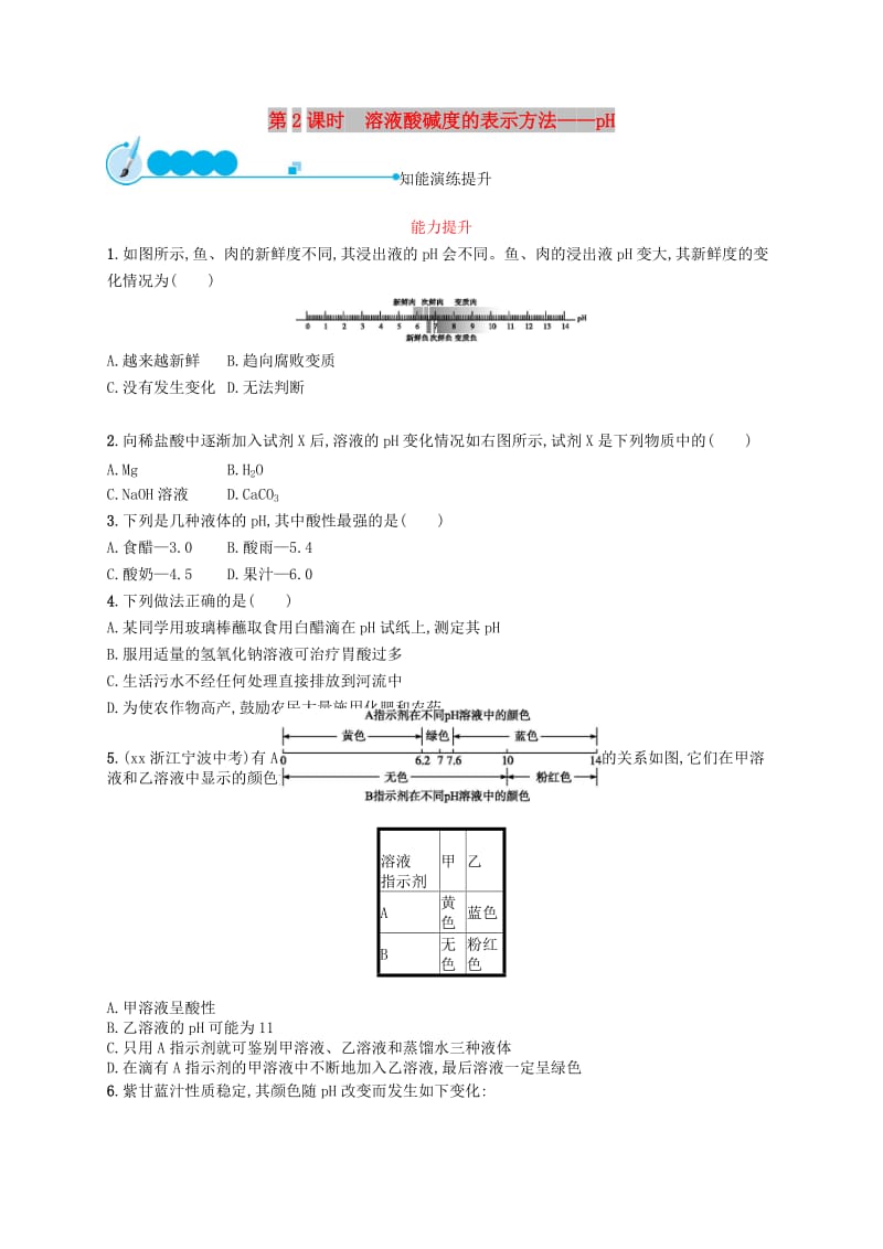 九年级化学下册第十单元酸和碱课题2酸和碱的中和反应10.2.2溶液酸碱度的表示方法-pH同步练习 新人教版.doc_第1页