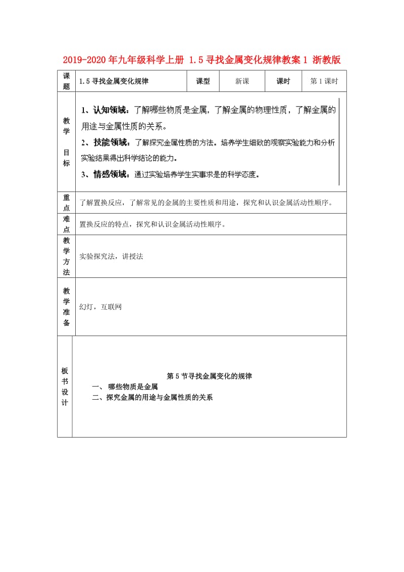 2019-2020年九年级科学上册 1.5寻找金属变化规律教案1 浙教版.doc_第1页