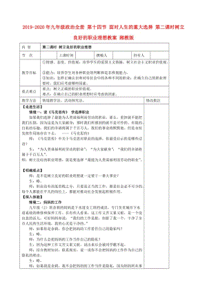 2019-2020年九年級(jí)政治全冊(cè) 第十四節(jié) 面對(duì)人生的重大選擇 第二課時(shí)樹(shù)立良好的職業(yè)理想教案 湘教版.doc