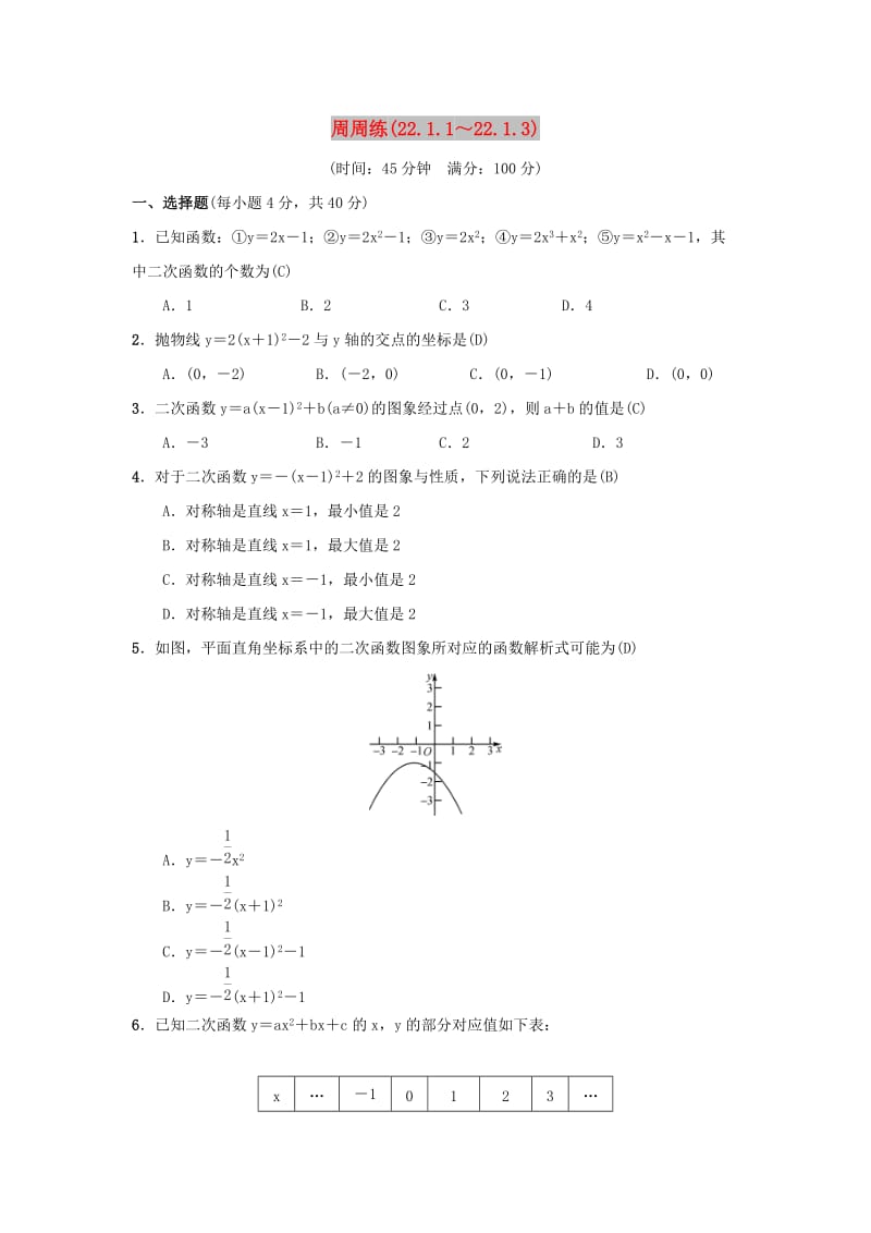 2018-2019学年九年级数学上册 第二十二章 二次函数周周练（22.1.1-22.1.3）（新版）新人教版.doc_第1页