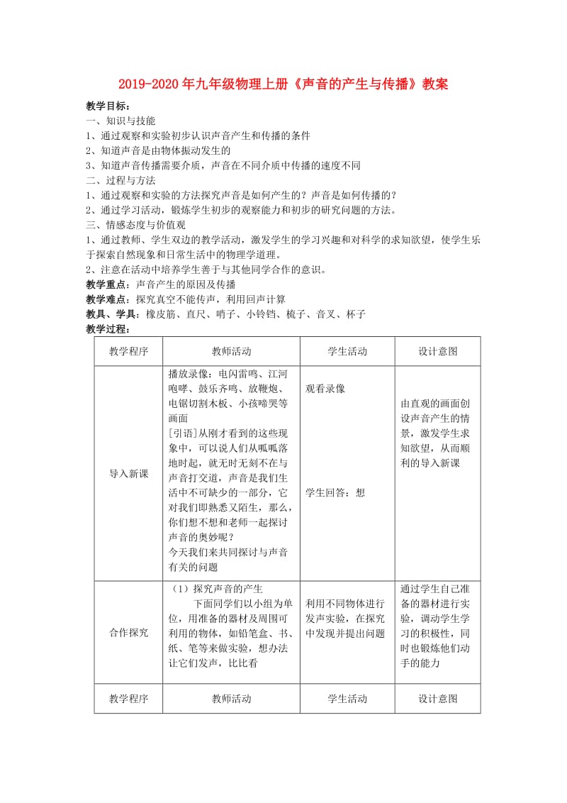 2019-2020年九年级物理上册《声音的产生与传播》教案.doc_第1页